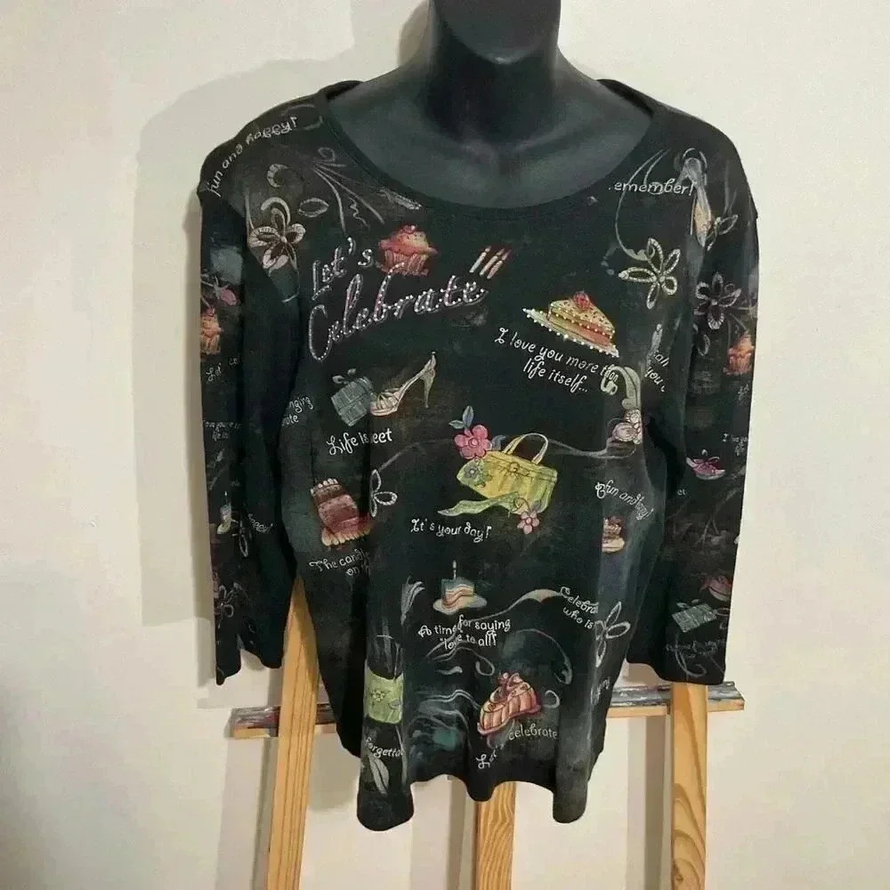 Cactus Women’s Celebration Shirt with cakes ,shoes,purse and positive sayings ,b